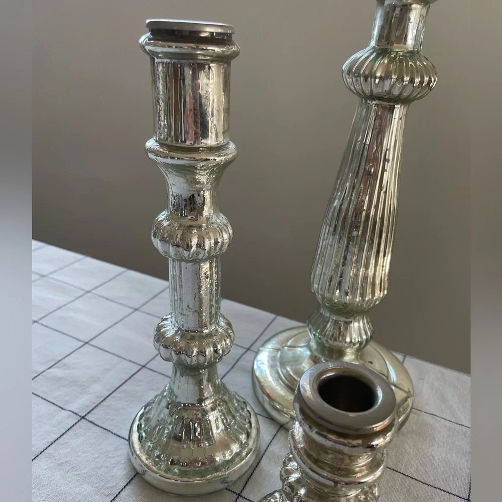 Pottery Barn Antique Silver Mercury Glass Taper Candlestick Holders Set of 3 - Picture 3 of 7